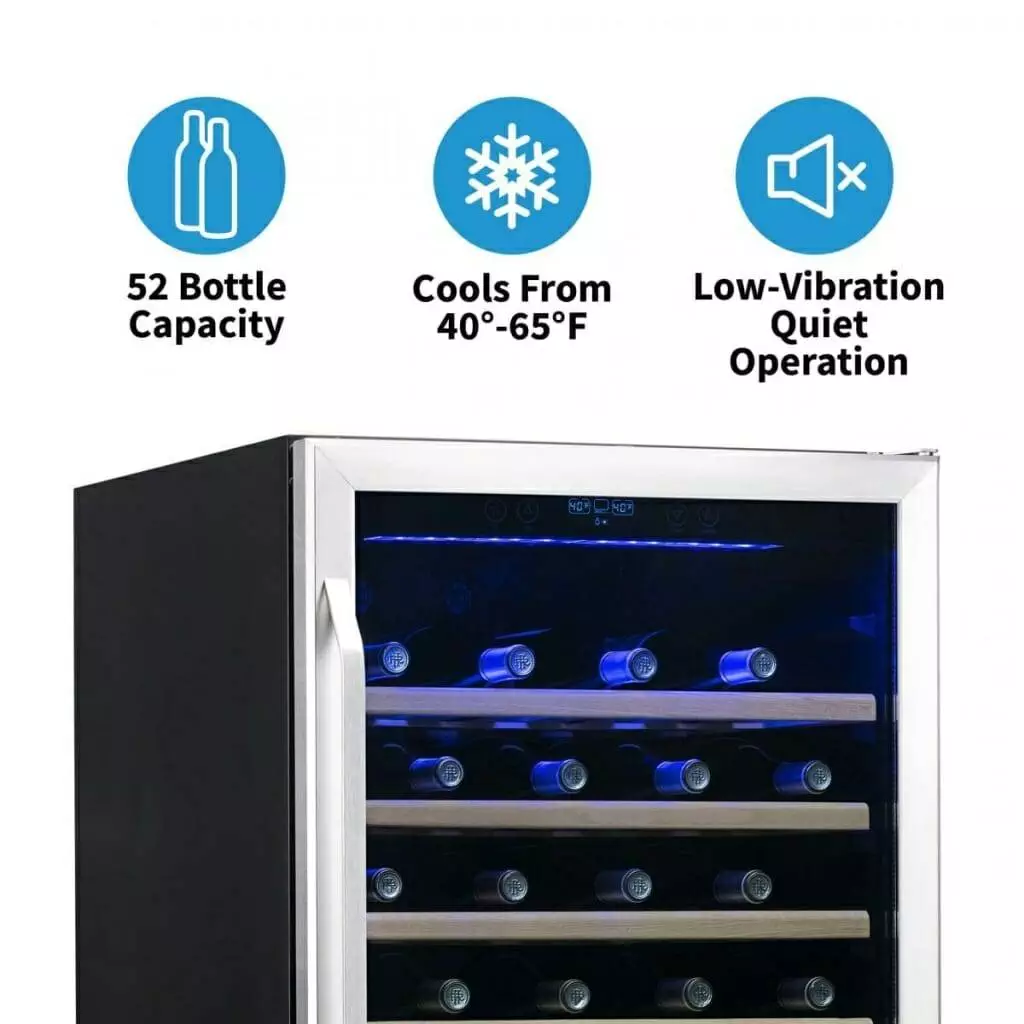 A feature-rich stainless steel wine fridge by NewAir, with a capacity of 52 bottles.