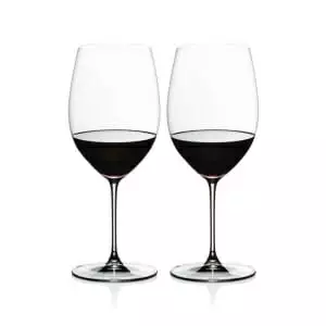 Two Riedel Veritas Cabernet/Merlot 2 pk glasses on a white background.