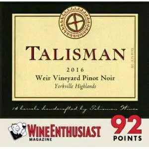 Wine label for 2016 Talisman Weir Vineyard Pinot Noir from Yorkville Highlands.