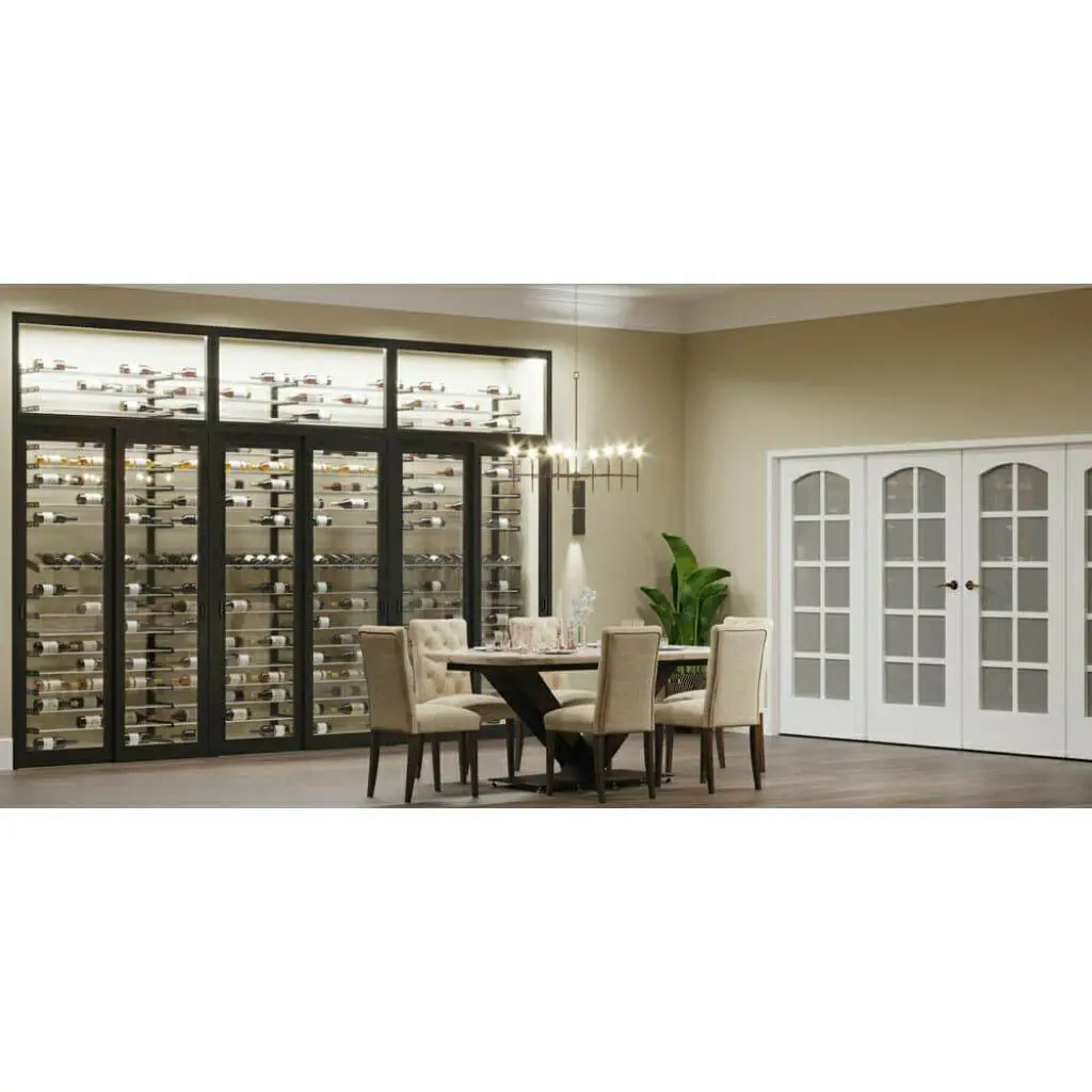 Evolution Series Wine Wall Presentation Row wine rack showcasing 9 bottles in a dining room.