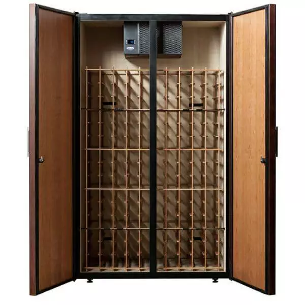 Le Cache Vault 3100 Wine Cabinet in Classic Cherry with wooden shelves and doors.