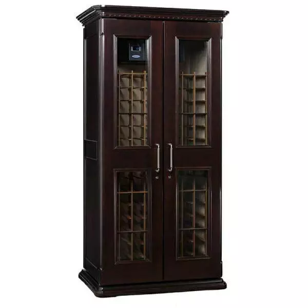Le Cache Euro 2400 Wine Cabinet with glass doors and shelves, chocolate cherry finish.