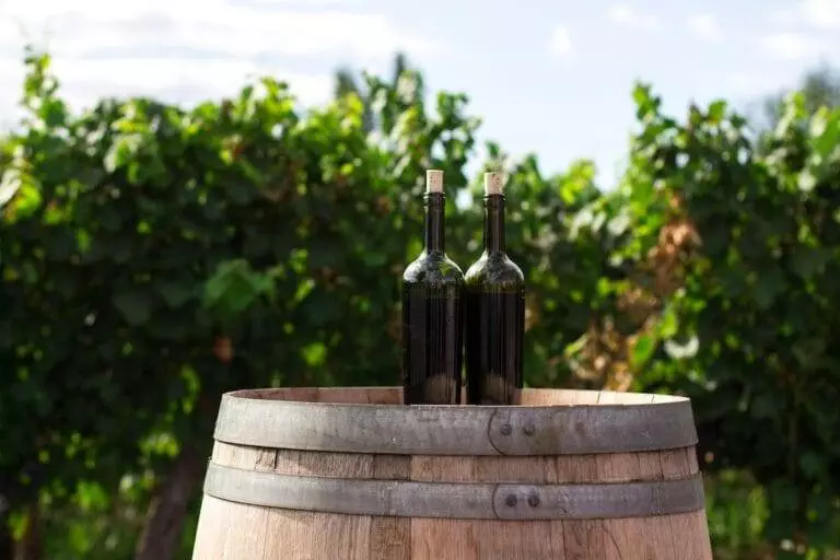 Two wine bottles sitting on top of a wooden barrel.