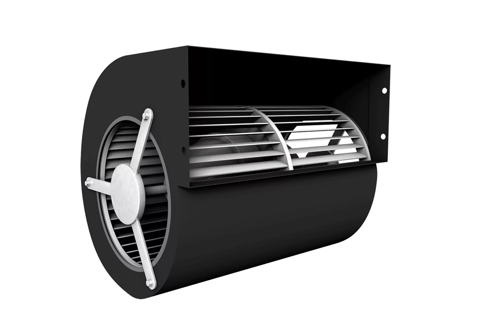 A black cylindrical ventilation fan with a metal grille cover, featuring a central motor and blade assembly inside.