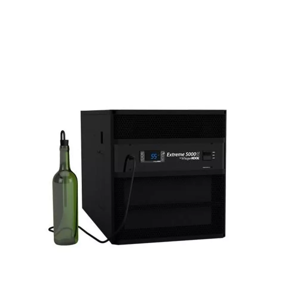 An Extreme 5000+ wine storage temperature and humidity control unit by TheWineRack is displayed with a wine bottle attached to the system via a tube.