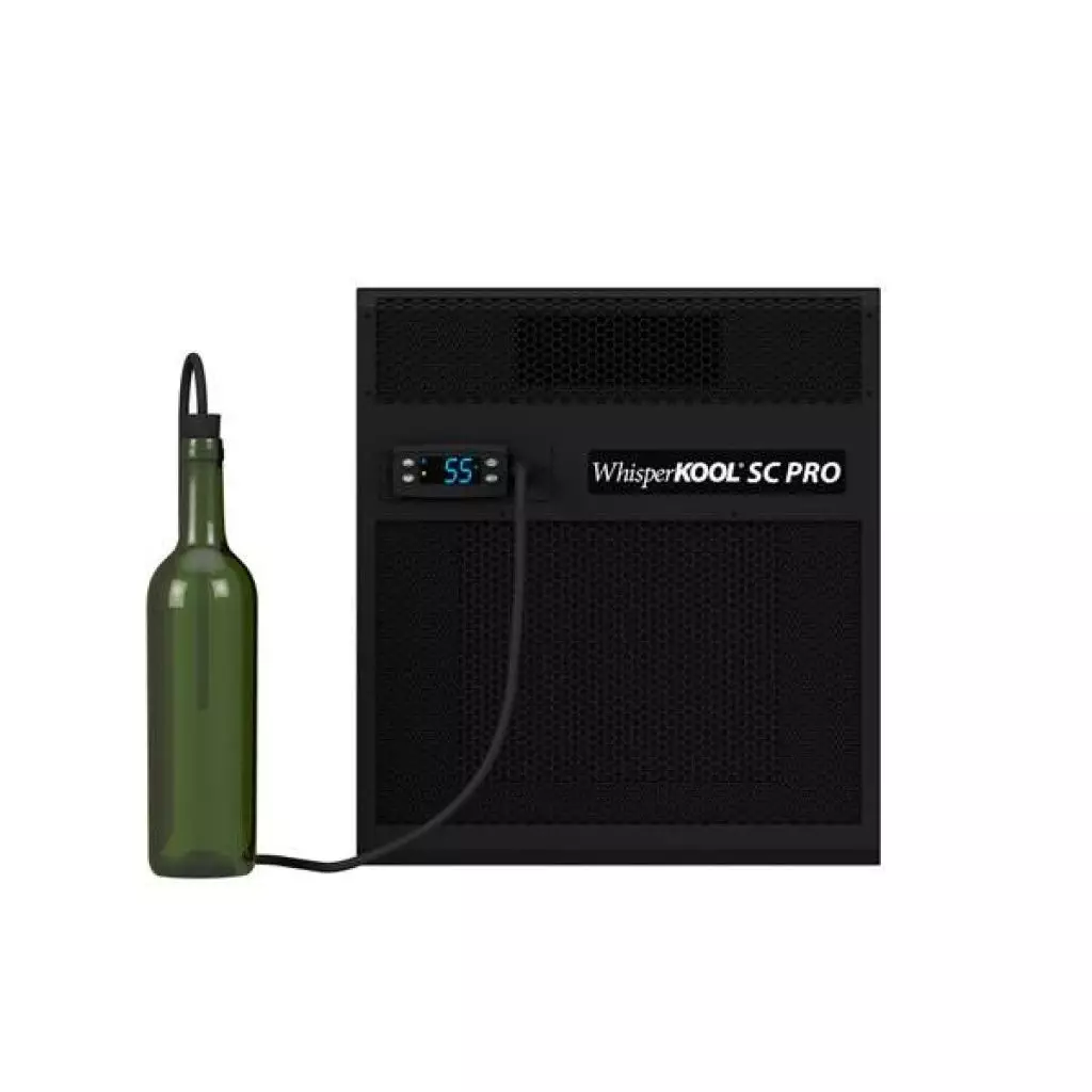 A WhisperKOOL SC PRO wine cooling unit connected to a green wine bottle via a tube. The display reads 55 degrees Fahrenheit.