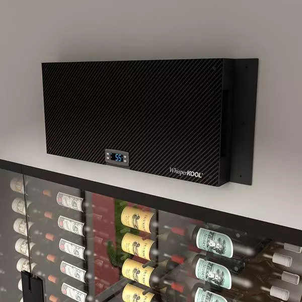 A wall-mounted WhisperKOOL wine cooling unit is displayed above a glass-front wine cabinet with various wine bottles inside. The digital display on the unit shows a temperature of 55 degrees.