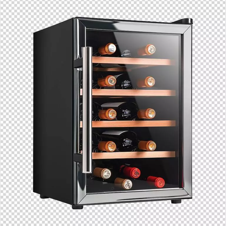 A sleek black wine cooler with a glass door showcasing five wooden shelves for your various bottles, perfect for any wine hardware enthusiast.