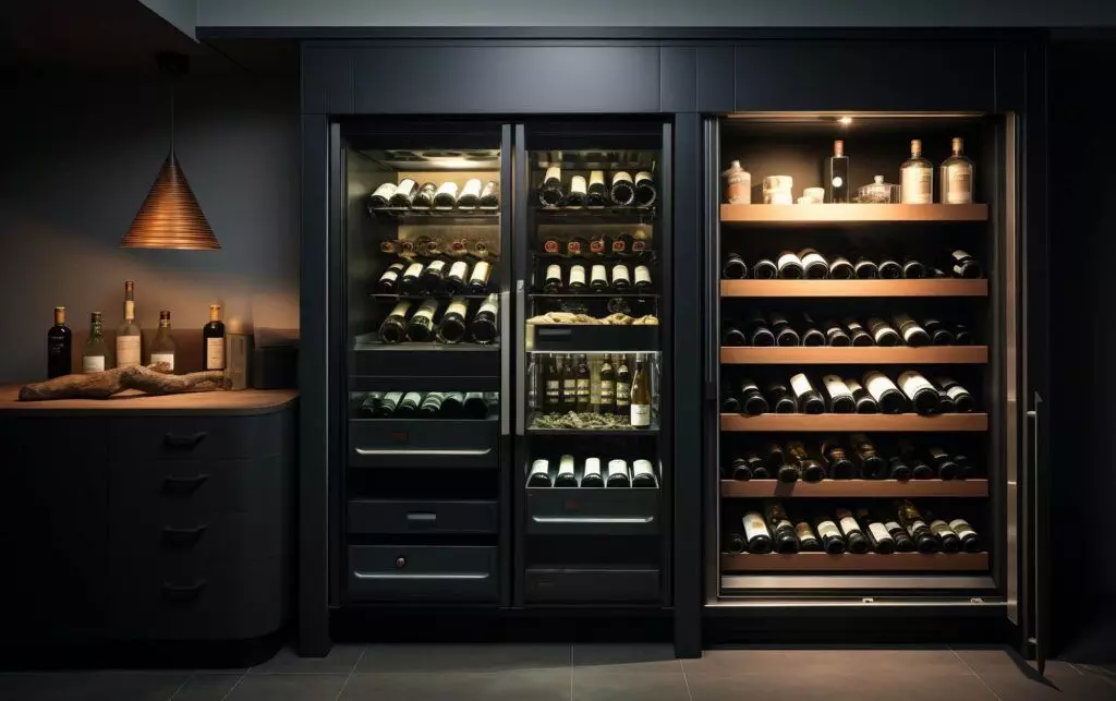 A modern wine cellar with two glass-door wine refrigerators stocked with various wine bottles, shelves with additional bottles and decanters, and a wooden countertop on the left adorned with more bottles. The benefits of owning such an elegant setup include organized storage and optimal wine preservation.