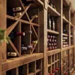 A wooden wine rack, tilted slightly for optimal storage, houses various bottles of wine arranged horizontally within a well-lit cellar.