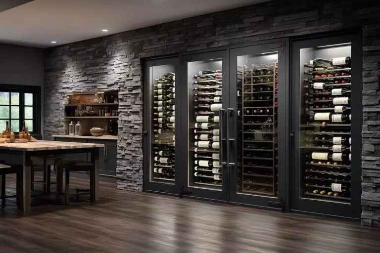 A modern wine cellar with three tall, glass-fronted wine refrigerators filled with various bottles of wine, set against a stone-tiled wall in a sleek, dimly-lit room with wooden floors. This sophisticated setup features advanced wine hardware perfect for small spaces without compromising style.