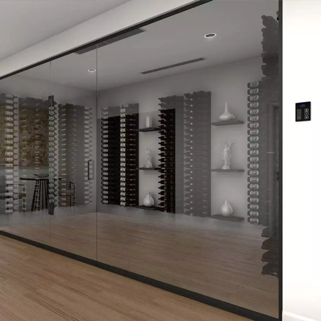 A modern wine cellar with glass walls showcasing rows of wine bottles and minimalist decor.