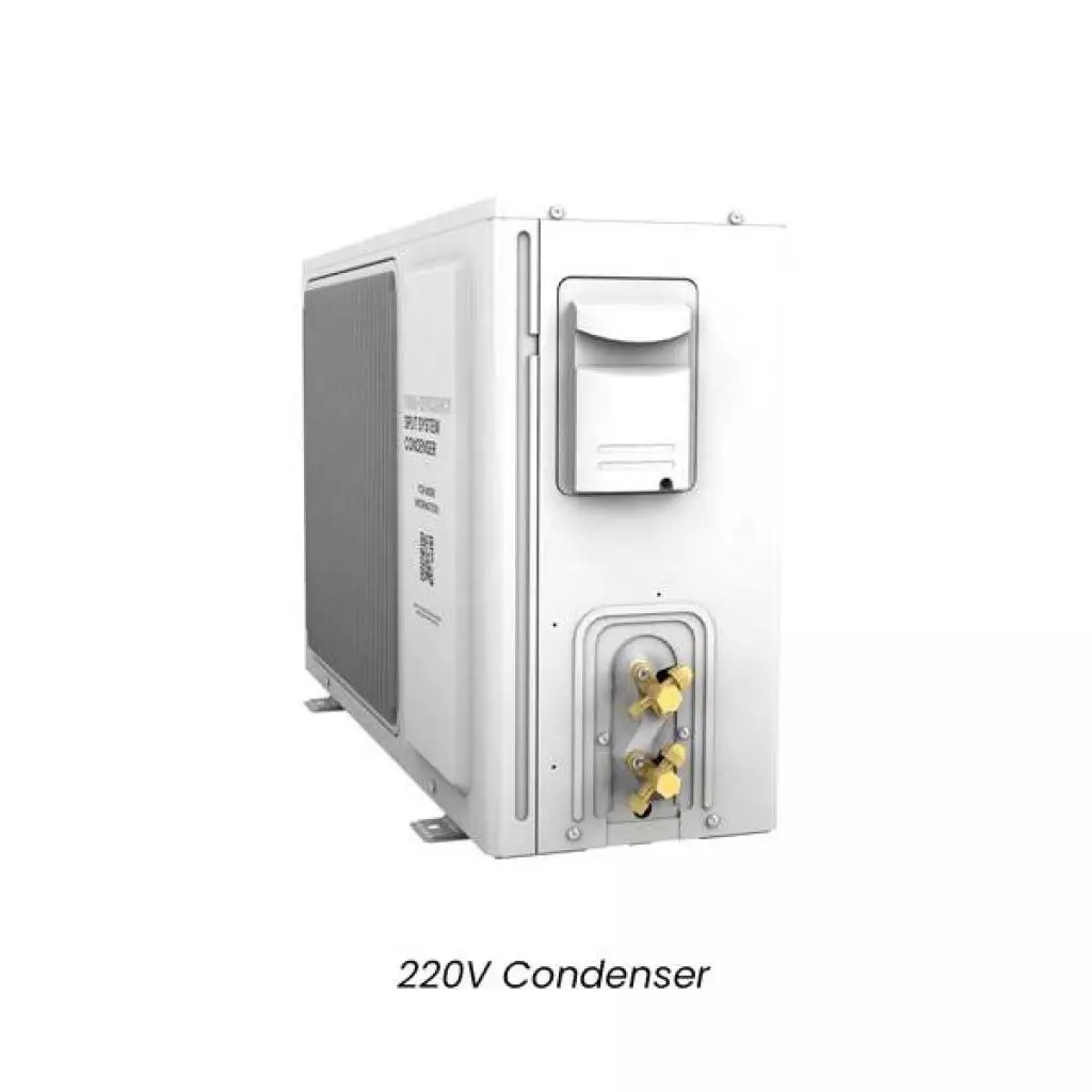 A 220V condenser unit with visible vents, utility connections, and control panel. The unit is white and is labeled with 