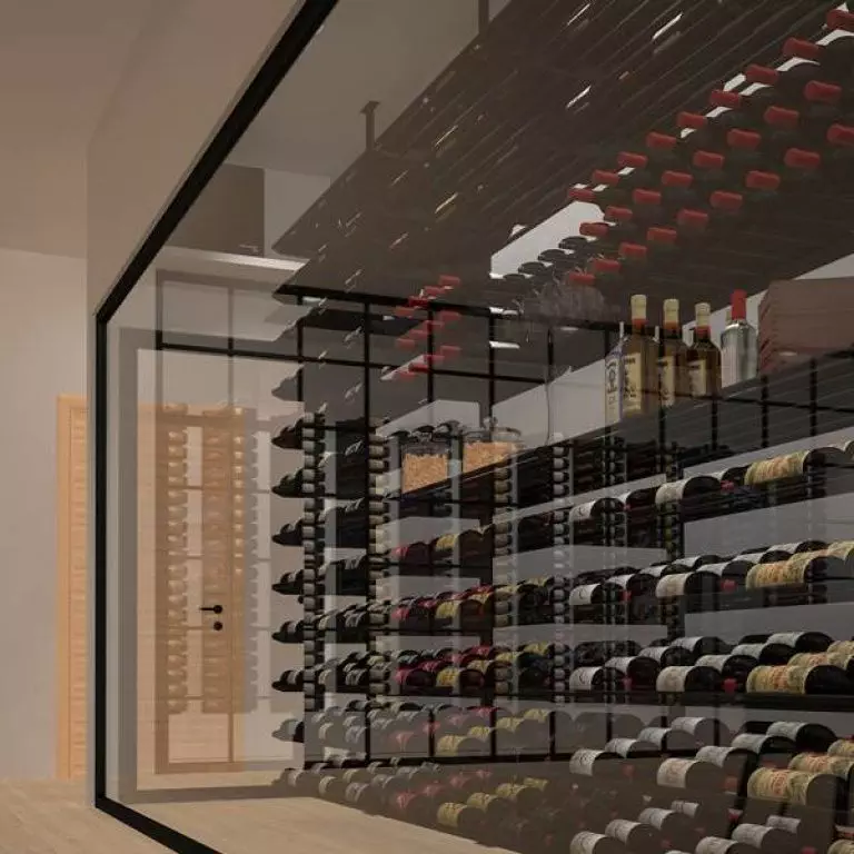 A climate-controlled room with glass walls, housing multiple shelves filled with wine bottles and a few liquor bottles.