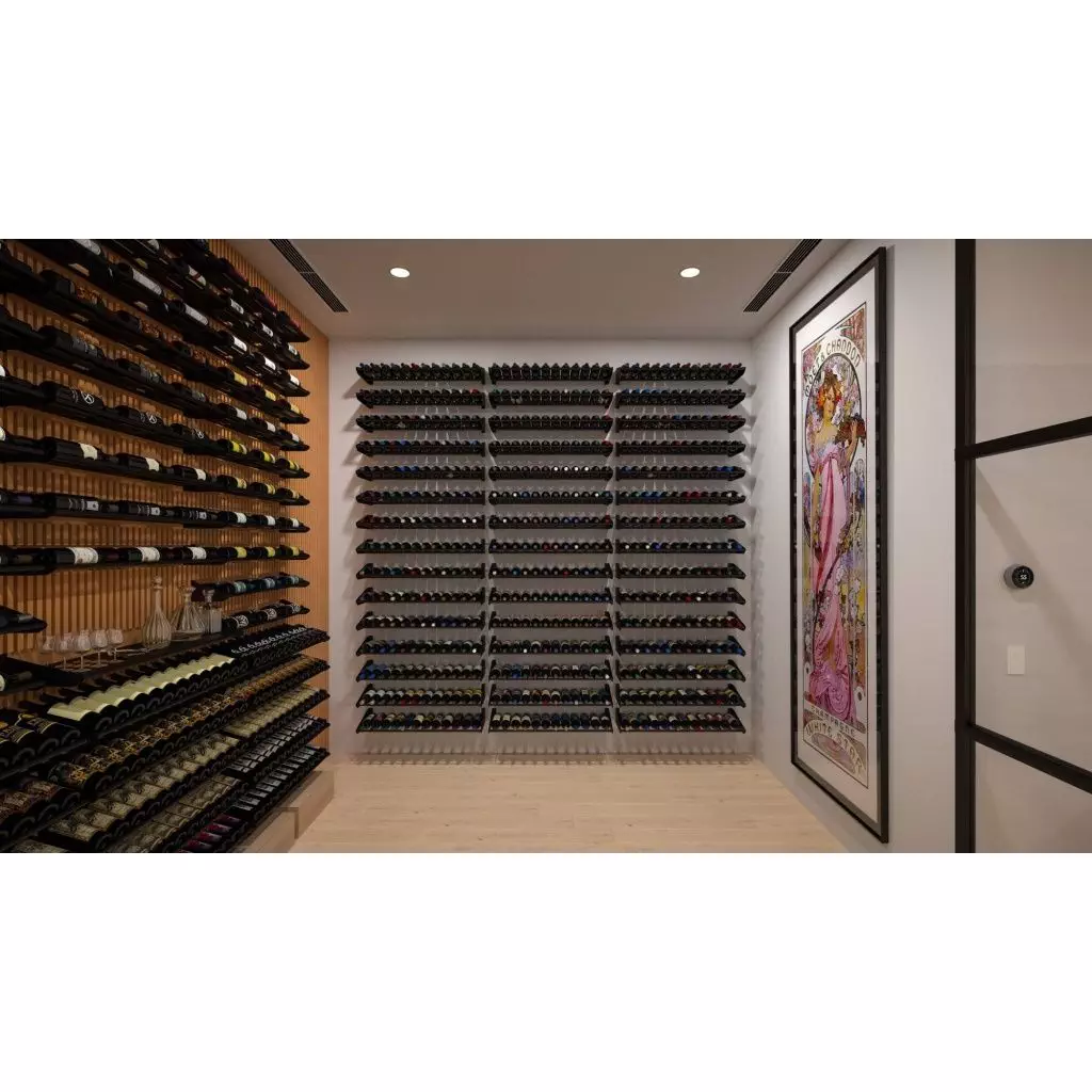 A modern wine cellar with rows of wine bottles on wooden and metal racks. A large decorative painting is on the right wall, and the room has a light wooden floor.