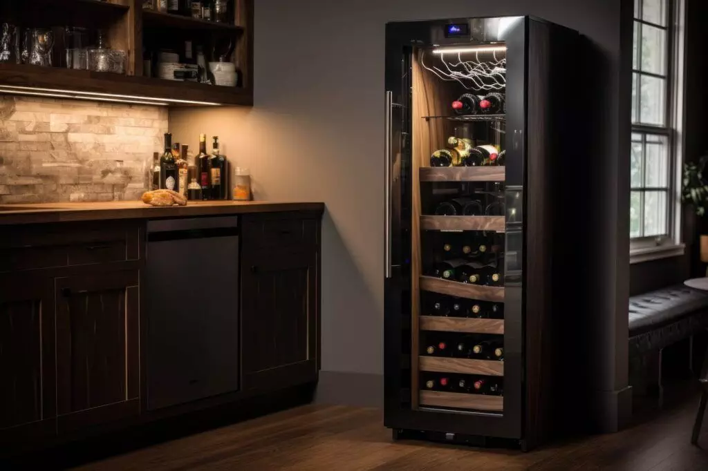 A wine fridge from the best brands, with a glass door showcasing an array of wine bottles, stands in a modern kitchen next to dark wooden cabinets and under-cabinet lighting.