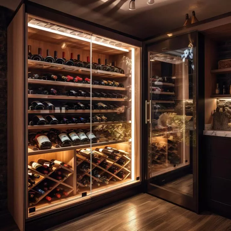 A well-lit wine cellar with wooden racks filled with various bottles of wine, enclosed in glass cabinets, also features a Dual-Zone Wine Refrigerator for optimal temperature control.