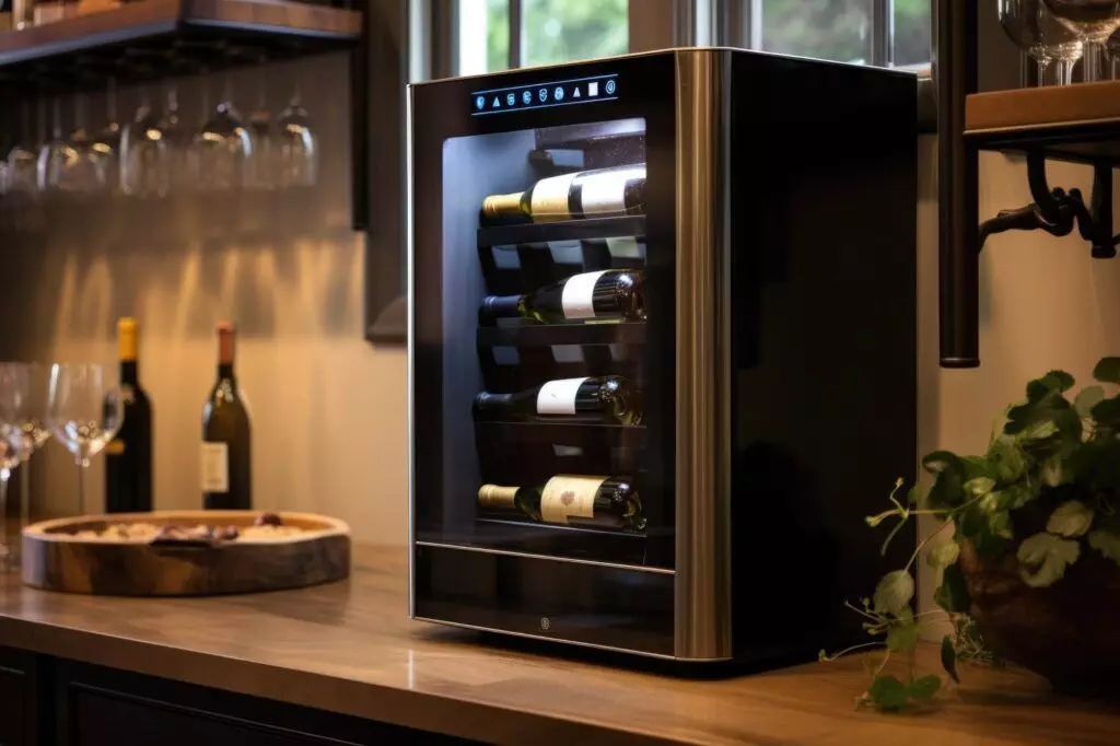 A compact wine refrigerator with several bottles inside, placed on a wooden countertop. Wine glasses hang overhead, and a plant is partially visible on the right.