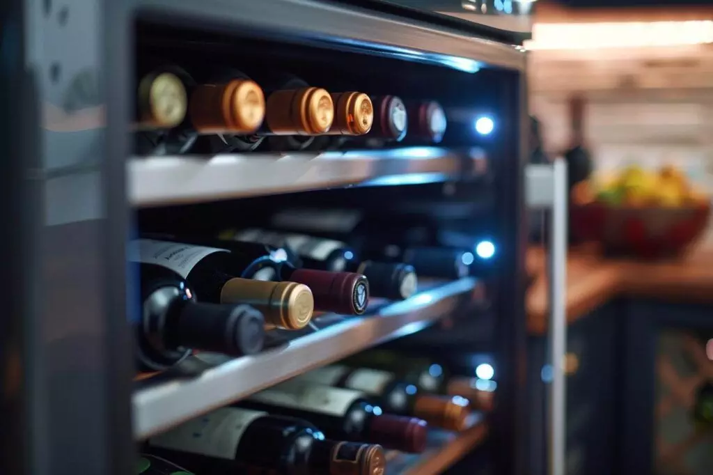 A wine refrigerator with multiple shelves holds an assortment of bottles in a stylish kitchen setting, offering the perfect blend of convenience and elegance.