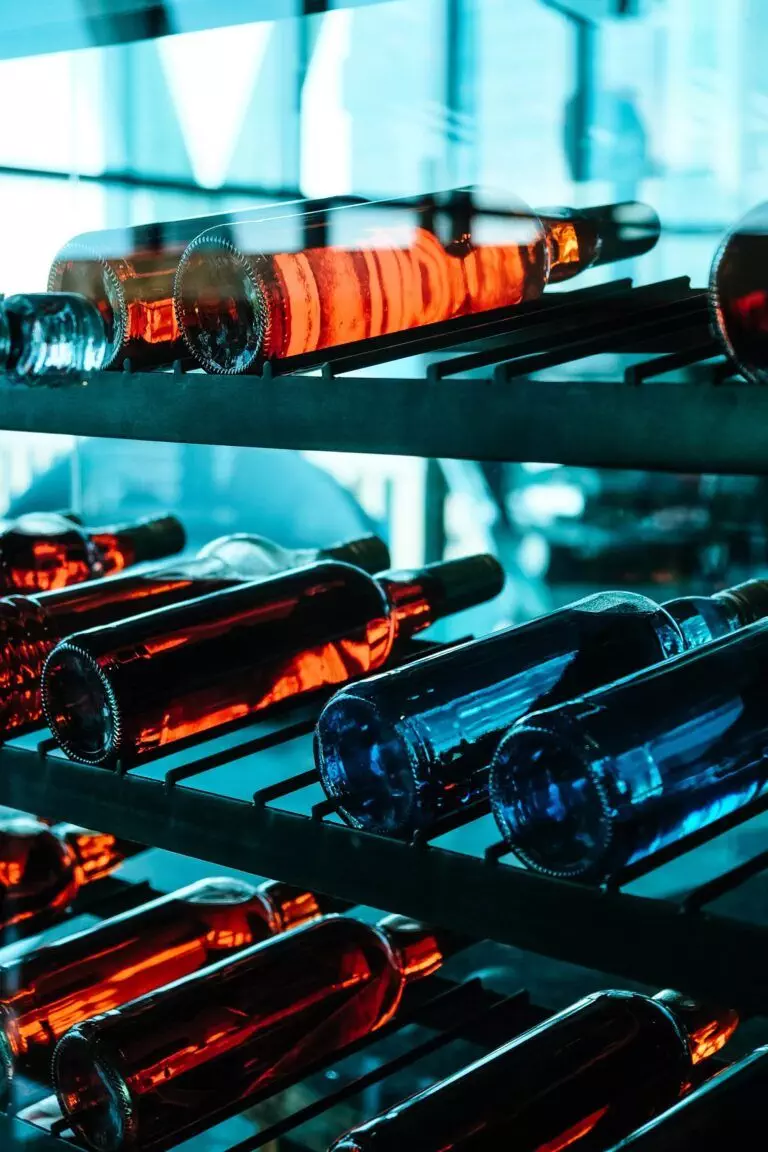 Bottles of wine, both red and blue, are stored horizontally on a sleek wine rack. The image has a cool, bluish tint due to the lighting and surroundings, offering space-saving tips through effective use of Wine Hardware.