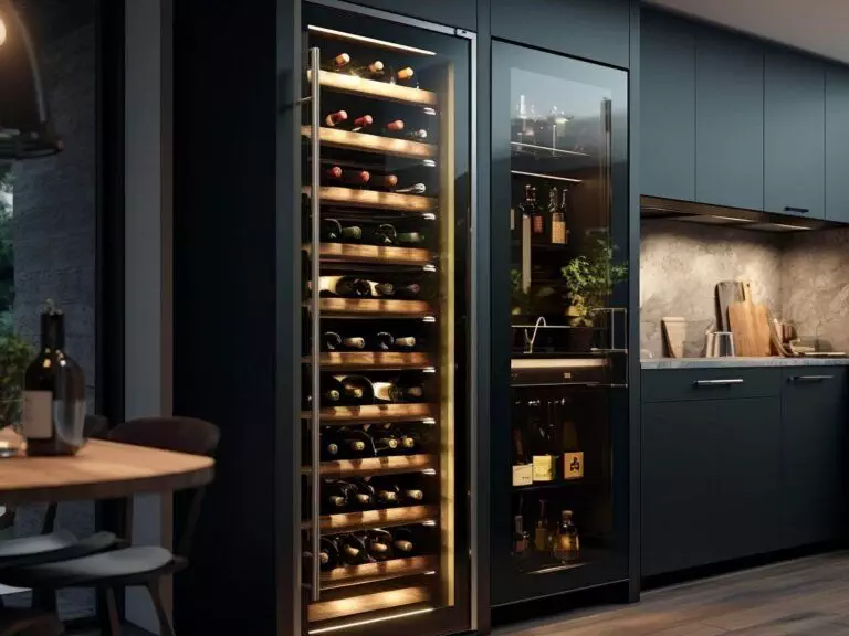 A modern kitchen with a built-in, tall dual-zone wine refrigerator filled with wine bottles beside a glass door pantry cabinet. The dark cabinetry contrasts with the wooden floor and illuminated countertop.