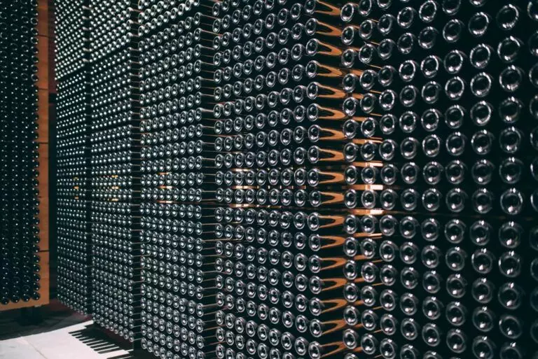 Rows of wine bottles stored horizontally on shelves in a dimly lit cellar feature earthquake-proofing for optimal wine storage, reflecting the Bay Area's dedication to safety and quality.